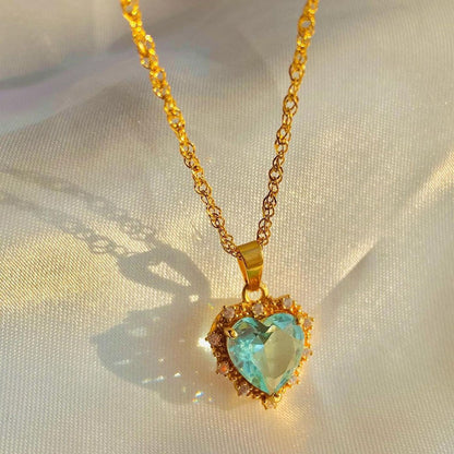 Gold Clavicle Chain Necklace with Colourful Rhinestone Heart