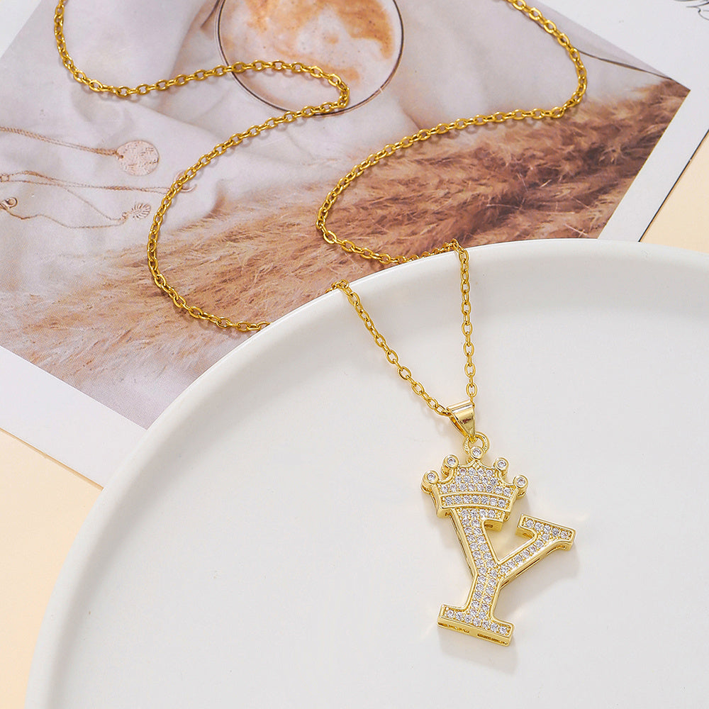 Gold Crown A-Z Pendant Necklace