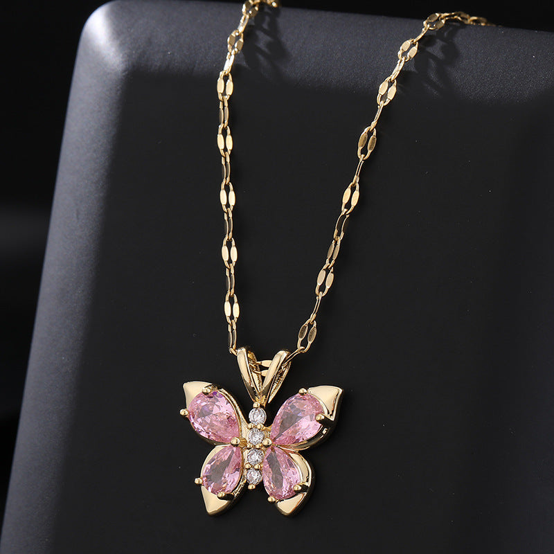 Butterfly Pink & Gold Titanium Steel Necklace