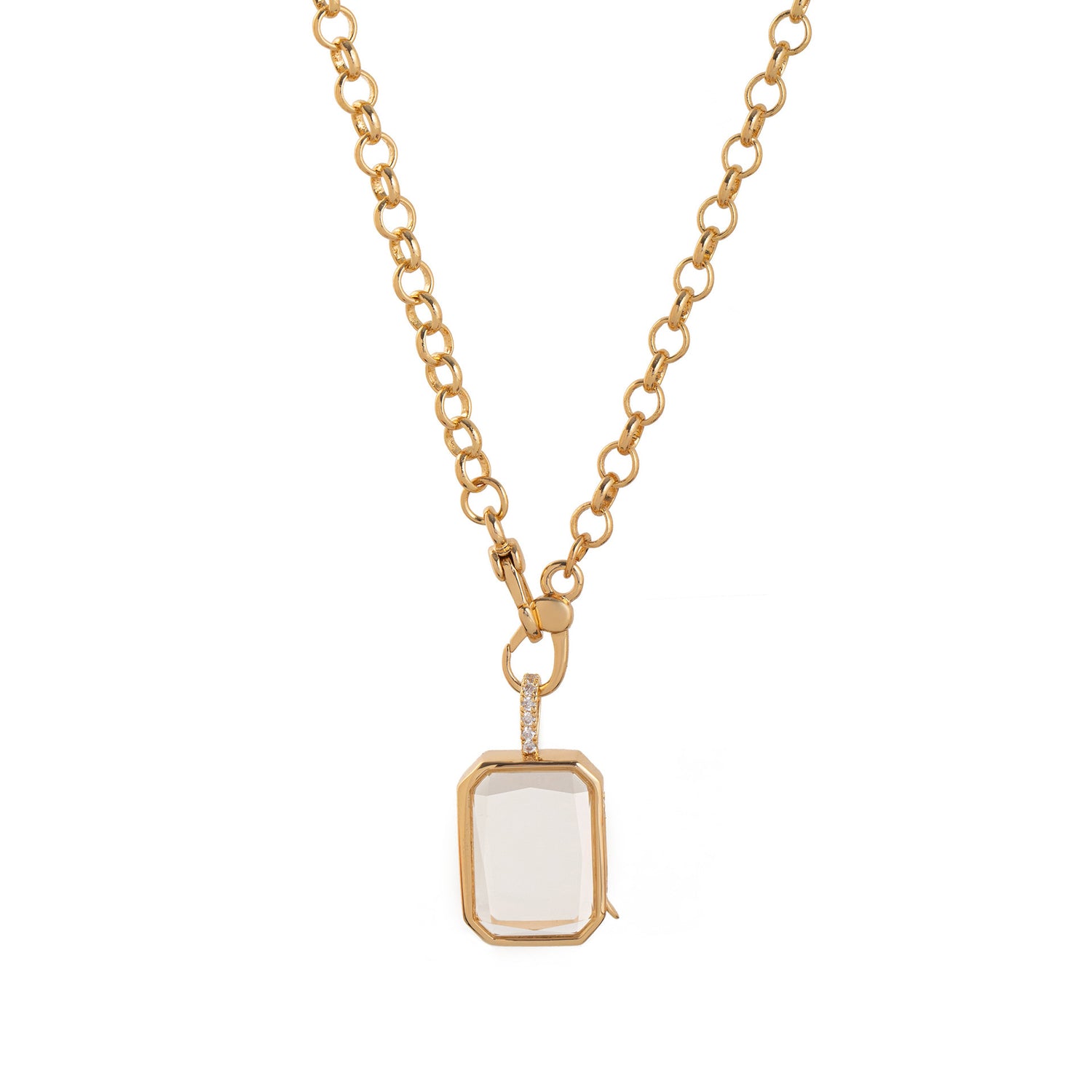 Gold necklace with a pendant on a white background