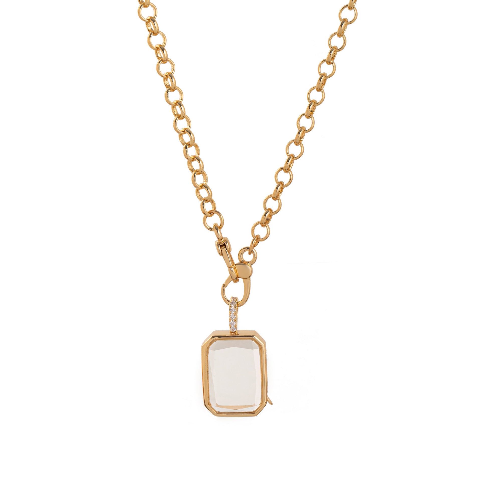 Gold necklace with a pendant on a white background