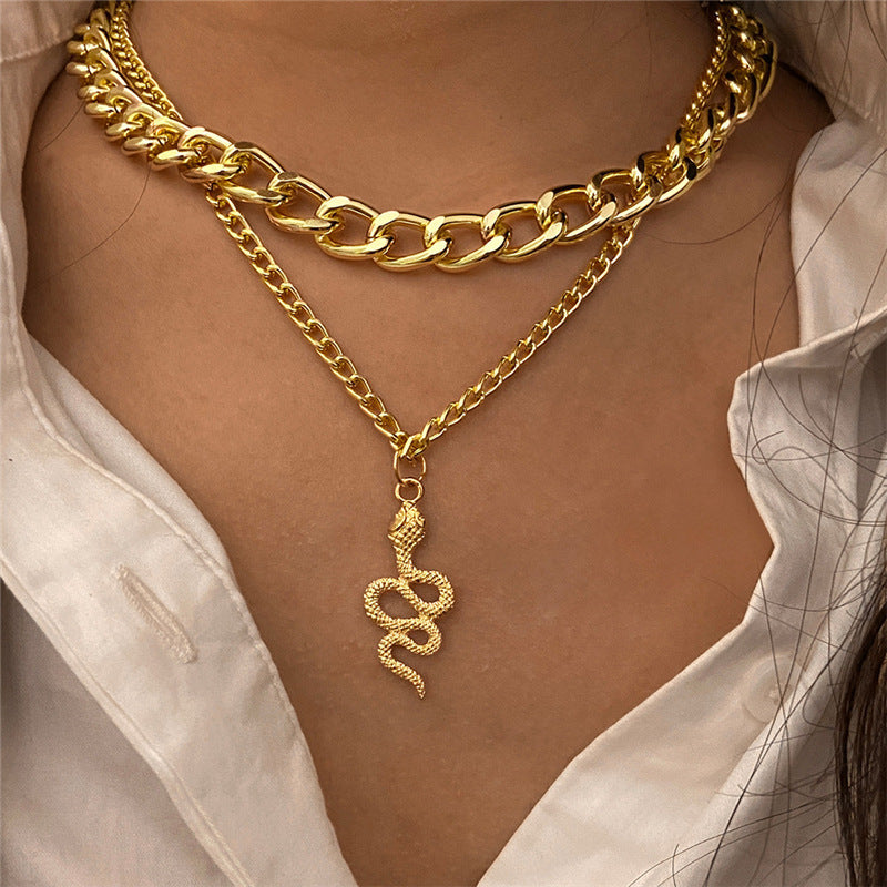 Stylish Punk Chunky Chain Double Snake Pendant Necklace - Bold & Unique Jewellery