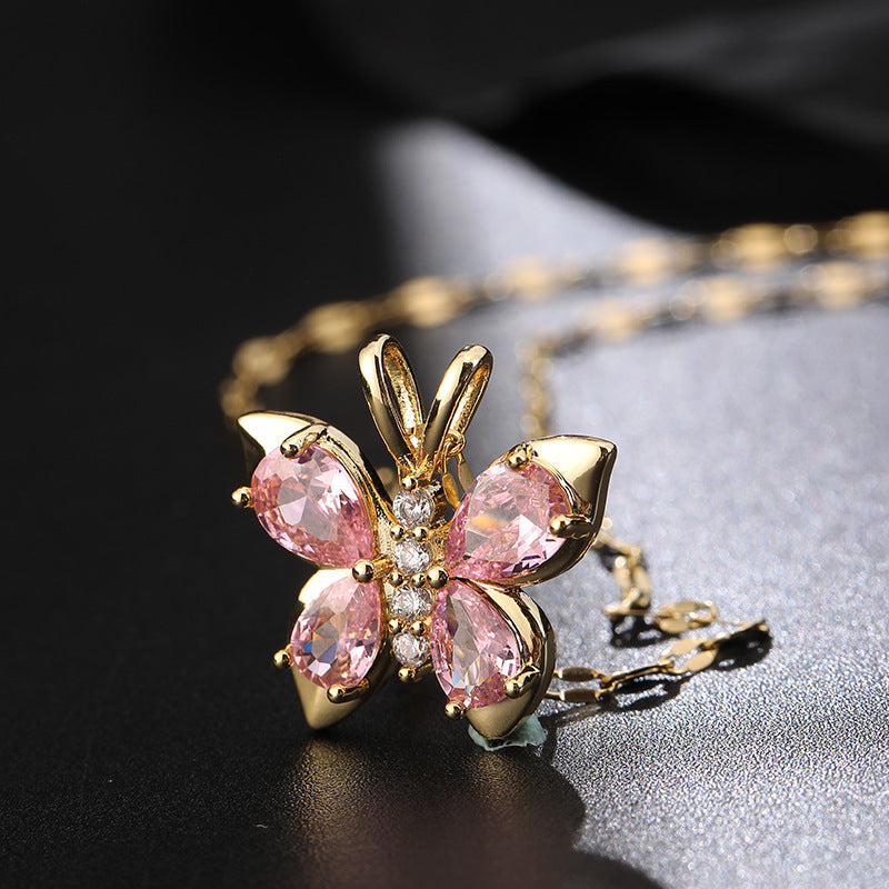 Butterfly Pink & Gold Titanium Steel Necklace