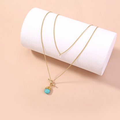 Metal Knotted Hand-Wound Turquoise Water Droplet Multi-Layer Necklace