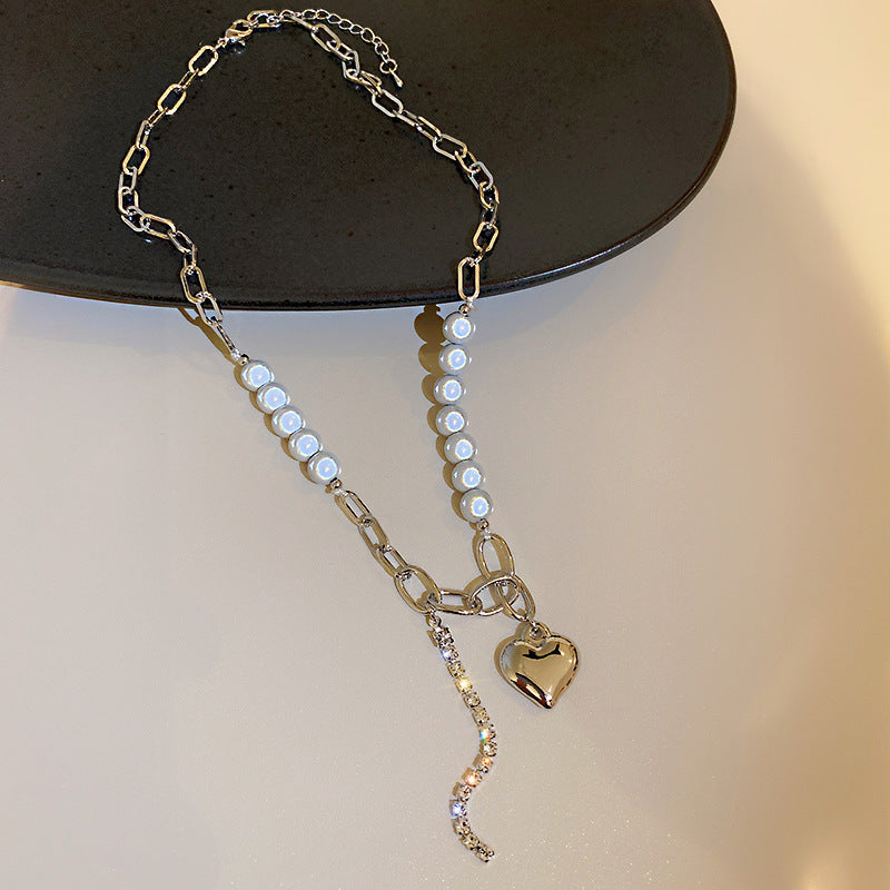 Diamond Heart Reflective Pearl Necklace