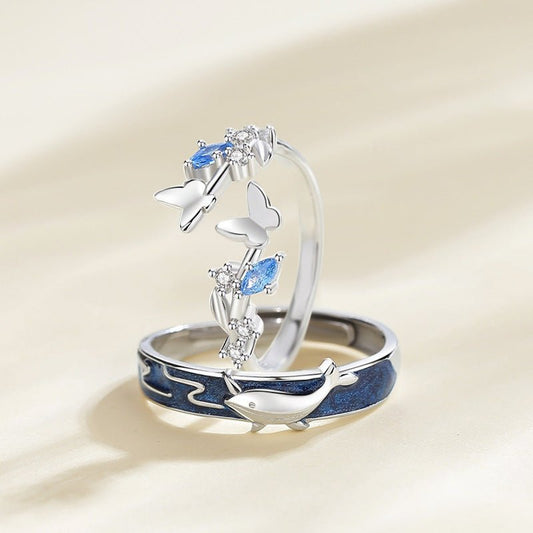 Adjustable Silver Whale Butterfly Couple Rings - Trendy Radar