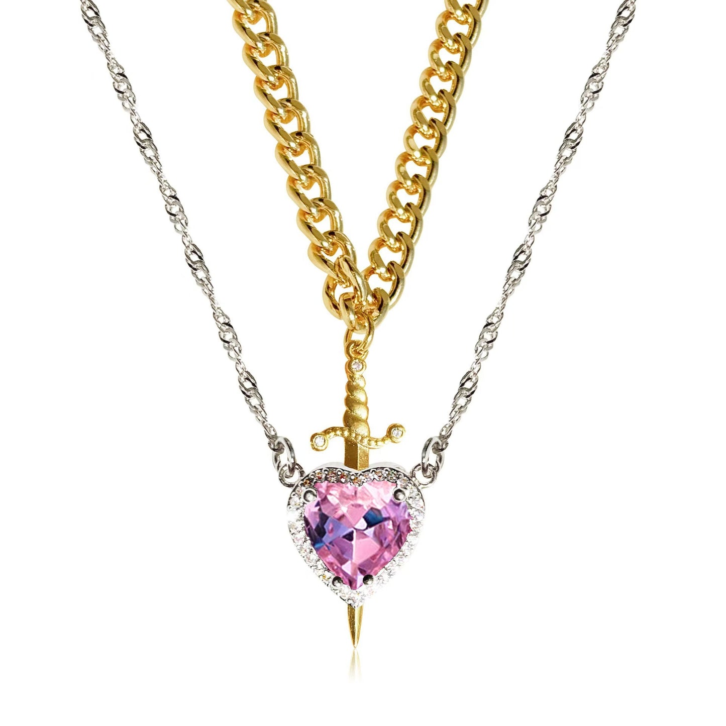 Heart and Sword Necklace Set, Pink Heart Crystal