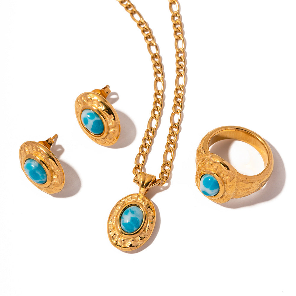 Gold Stainless Steel Turquoise Hammered Jewelry Set