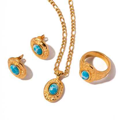 Gold Stainless Steel Turquoise Hammered Jewelry Set