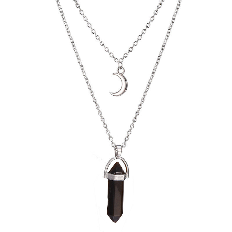 Unisex Crystal Moon & Hexagonal Turquoise Pendant Necklace