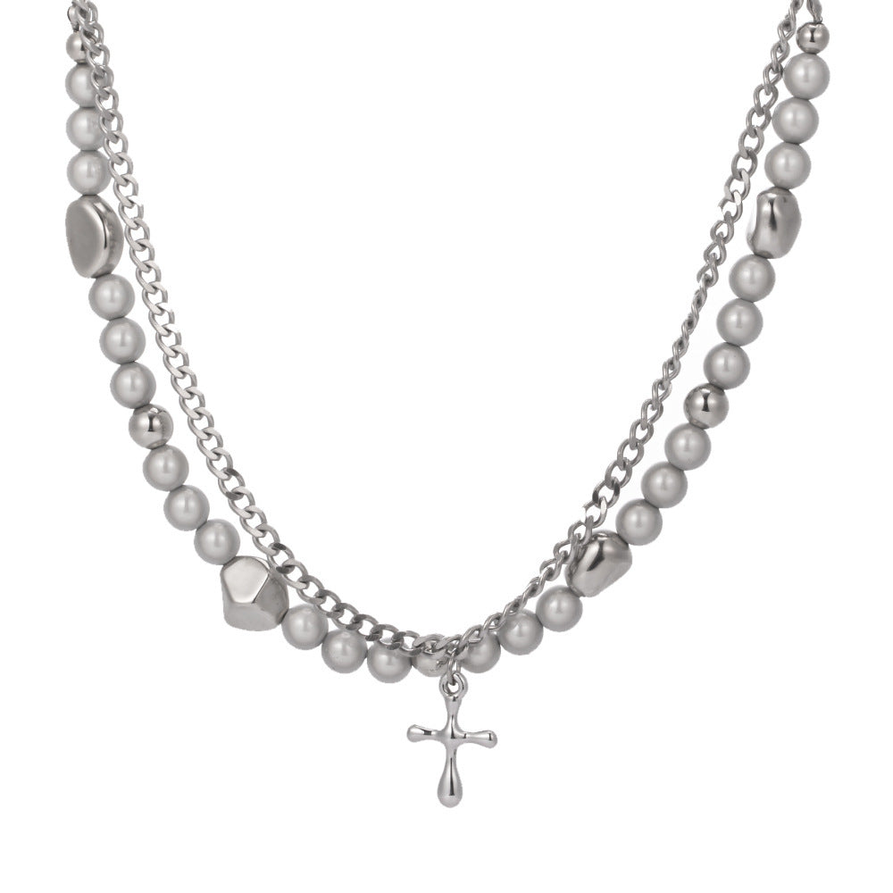 Multi-Layered Cross and Stone Double Necklace