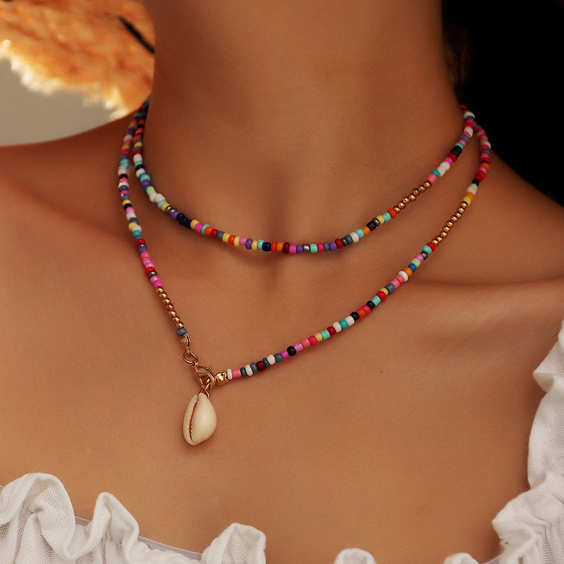 Bohemian Colorful Rice Bead & Shell Pendant Necklace
