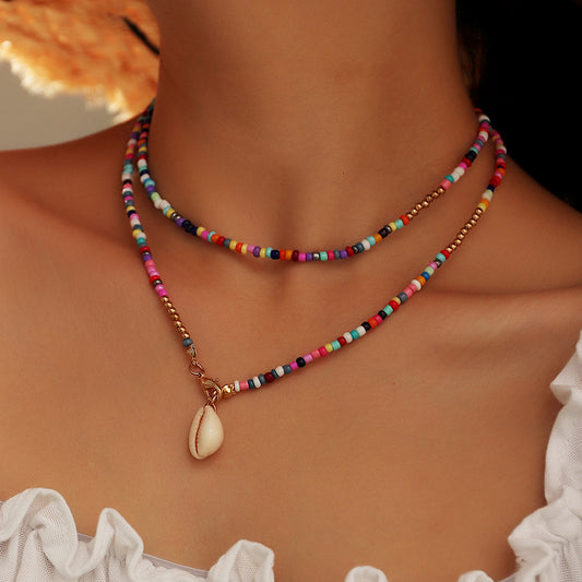 Bohemian Colorful Rice Bead & Shell Pendant Necklace