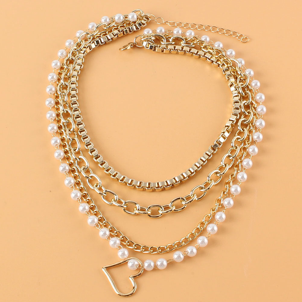 Multi-Layer Peach Heart Pearl Pendant Chain Necklace