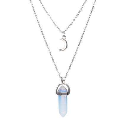 Unisex Crystal Moon & Hexagonal Turquoise Pendant Necklace