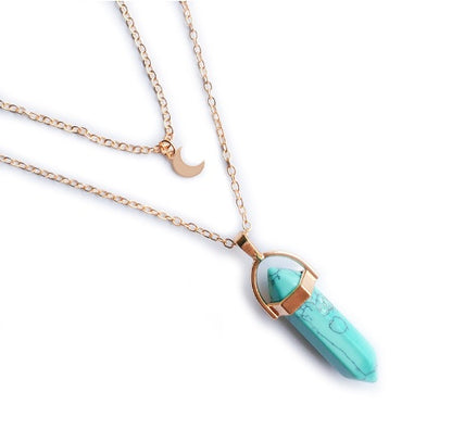 Unisex Crystal Moon & Hexagonal Turquoise Pendant Necklace