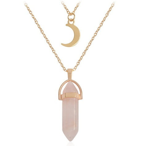 Unisex Crystal Moon & Hexagonal Turquoise Pendant Necklace
