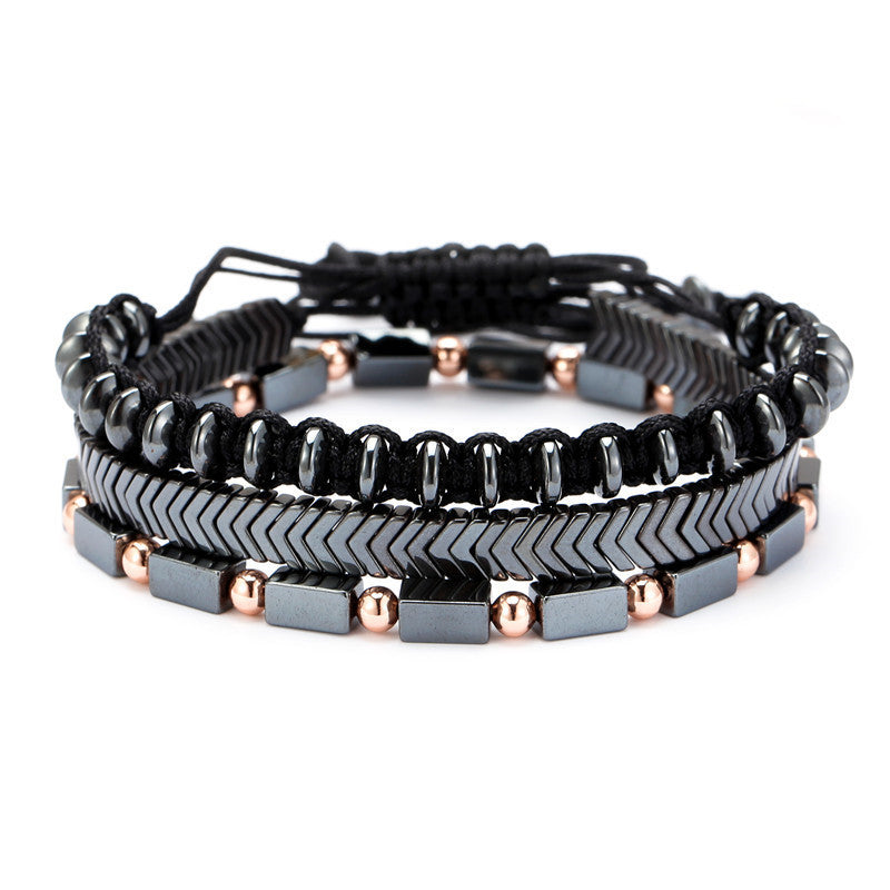 Black Iron Stone Flying Saucer Woven Bracelet Set