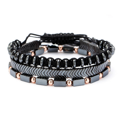 Black Iron Stone Flying Saucer Woven Bracelet Set