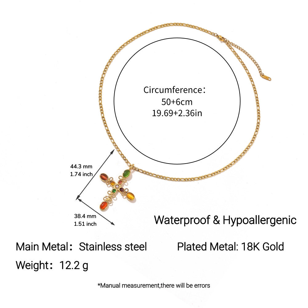 Stainless Steel Cross Necklace with Colorful Crystals