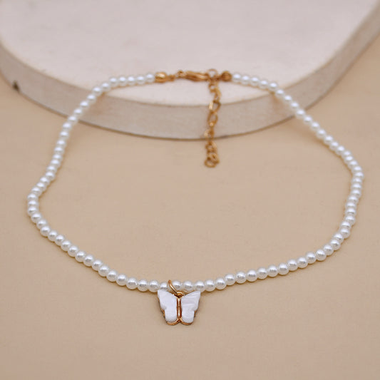 White Pearl Butterfly Choker Necklace