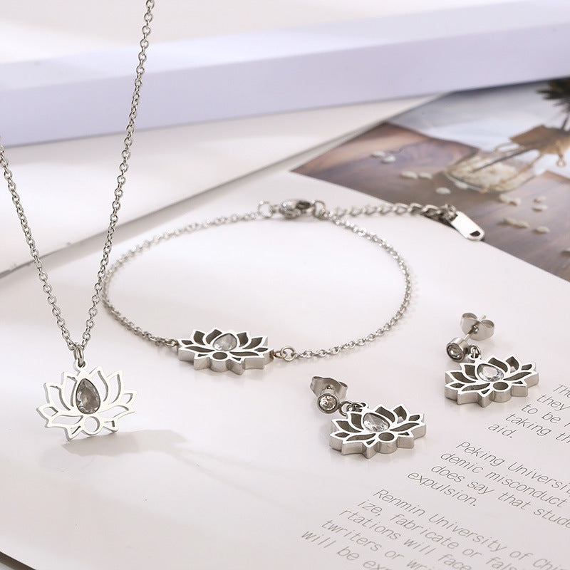 Minimalist Stainless Steel Zircon Lotus Jewellery Set