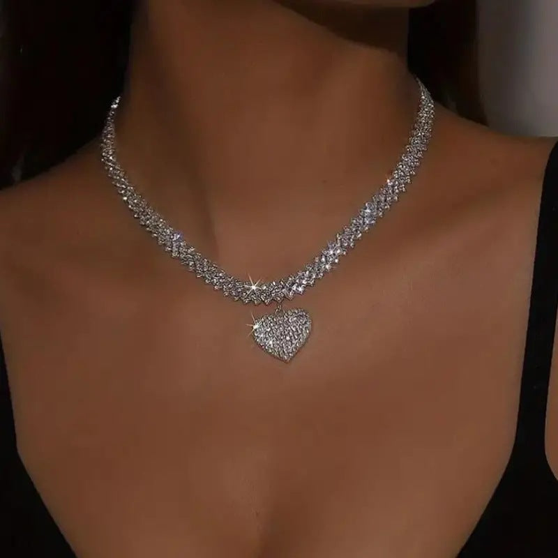 Silver Diamond Heart Pendant Choker Necklace