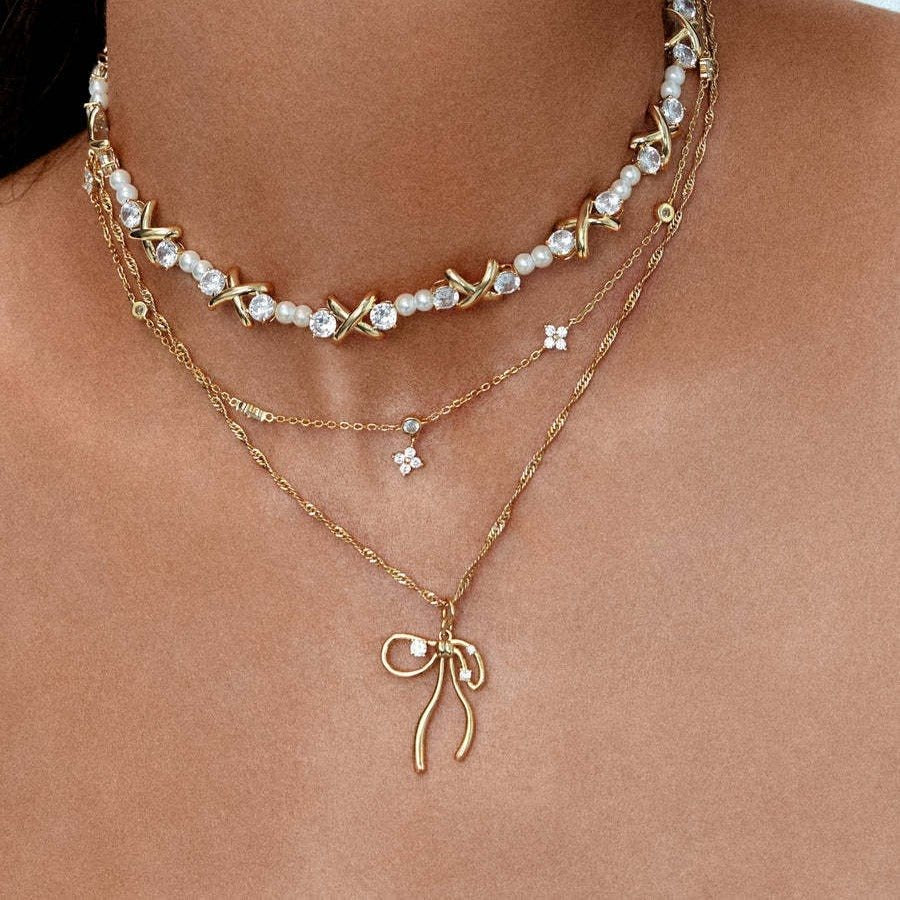 Bone Chain Bow Zircon Necklace & Earrings Set - Trendy Radar