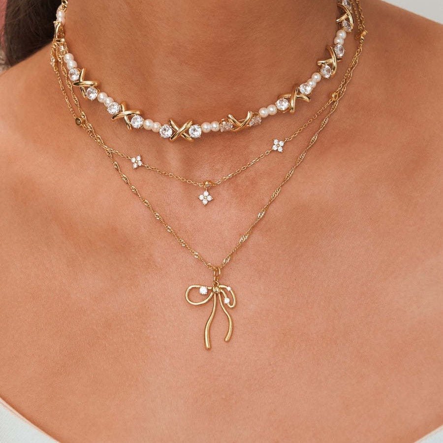 Bone Chain Bow Zircon Necklace & Earrings Set - Trendy Radar