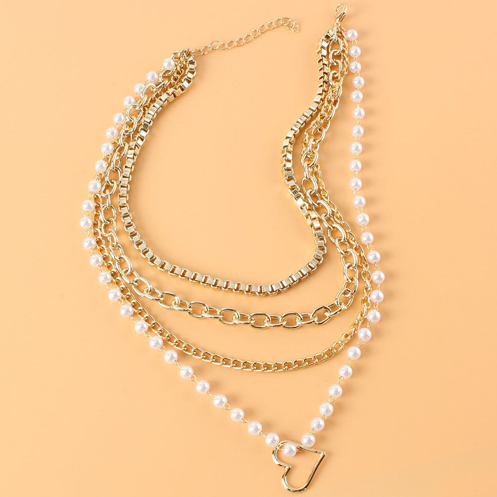 Multi-Layer Peach Heart Pearl Pendant Chain Necklace