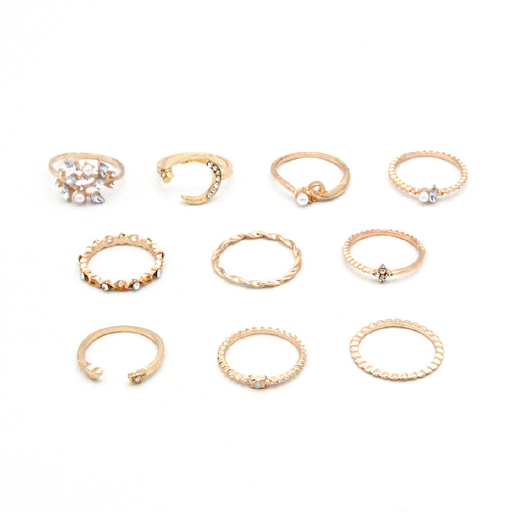 Star Moon Love Pearl Leaf 10-Piece Ring Set