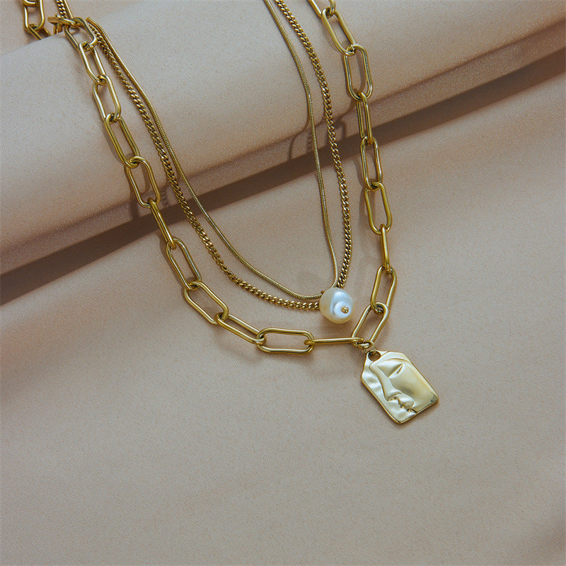 Layered Necklace Set Pearl and Square Pendant