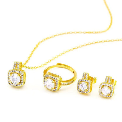 Fashion Jewellery Set for Women – Gold Colour Zircon Gem Pendant Necklace, Choker, Stud Earrings & Statement Wedding Ring