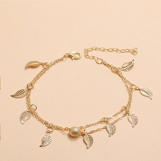 Round Beads, Small Leaves And Tassel Double-Layer Anklet