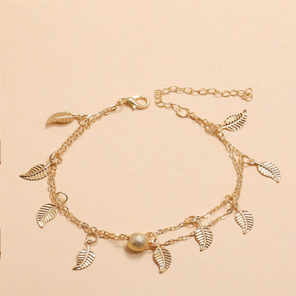 Round Beads, Small Leaves And Tassel Double-Layer Anklet