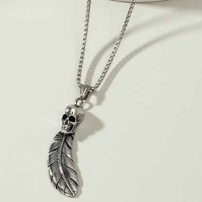 Gothic Skull Feather Pendant Necklace