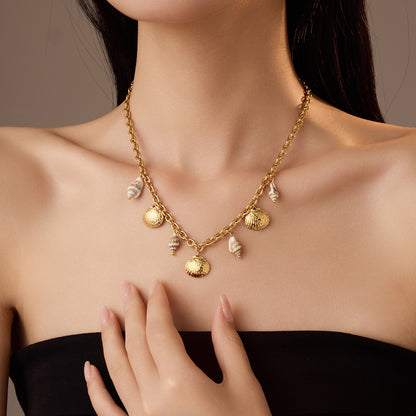 Ins Summer Ocean Style 18K Gold Titanium Steel Shell & Conch Necklace