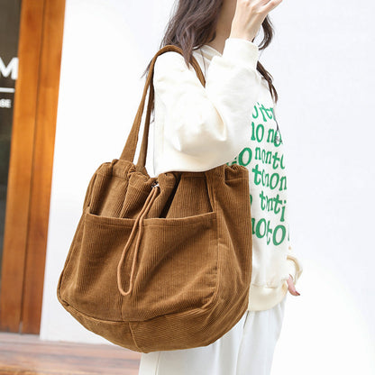 Corduroy Shoulder Bag with Drawstring Closure