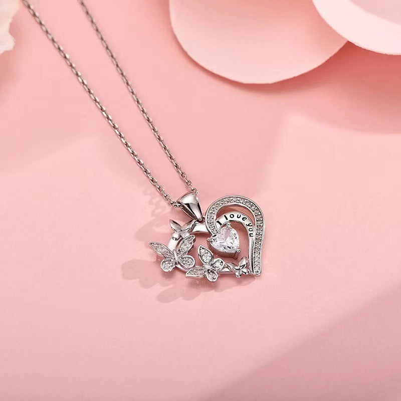 Butterfly Love Necklace with Rhinestones – Fashion, Hollow Heart Shaped Clavicle Chain, Pendant, Gift