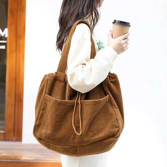 Corduroy Shoulder Bag with Drawstring Closure