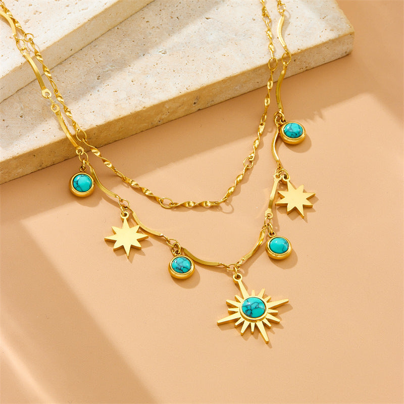 Retro Double-Layer Turquoise Eight-Pointed Star Clavicle Necklace