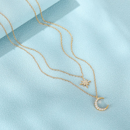 Double Layer Twin Diamond Star and Moon Necklace