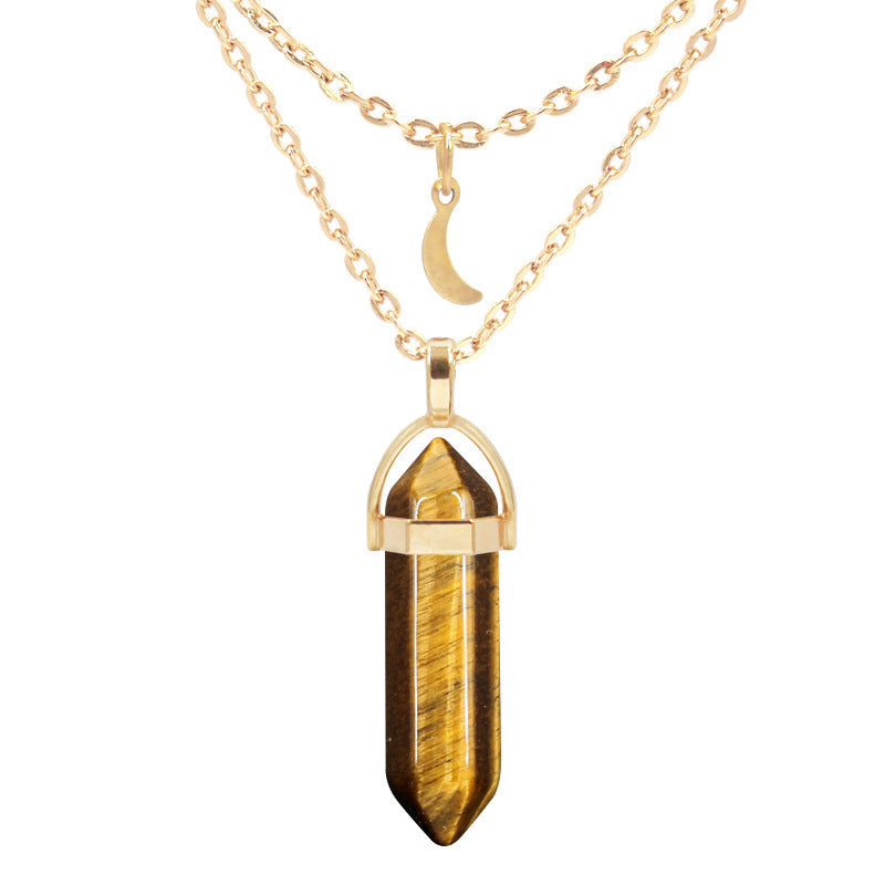 Unisex Crystal Moon & Hexagonal Turquoise Pendant Necklace