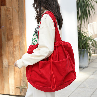 Corduroy Shoulder Bag with Drawstring Closure