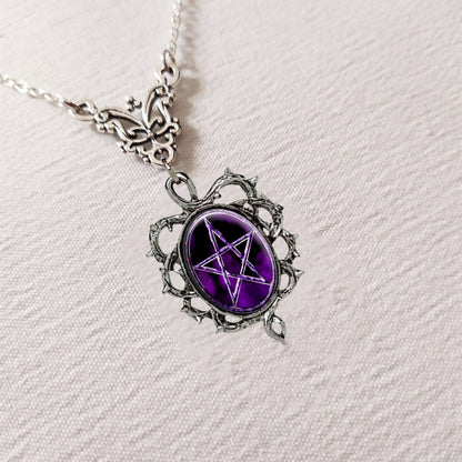 Unisex Purple Pentagram Pendant Necklace with Thorn Frame