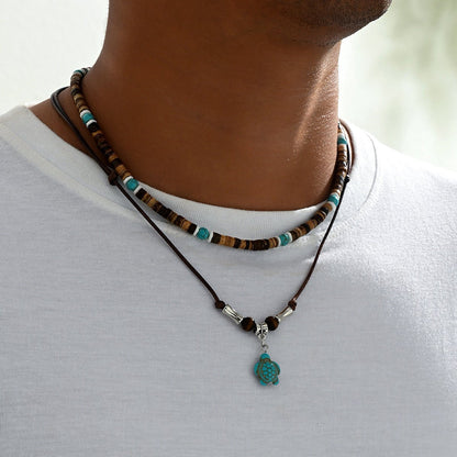 Coconut Shell & Turquoise Leather Necklace - Trendy Radar