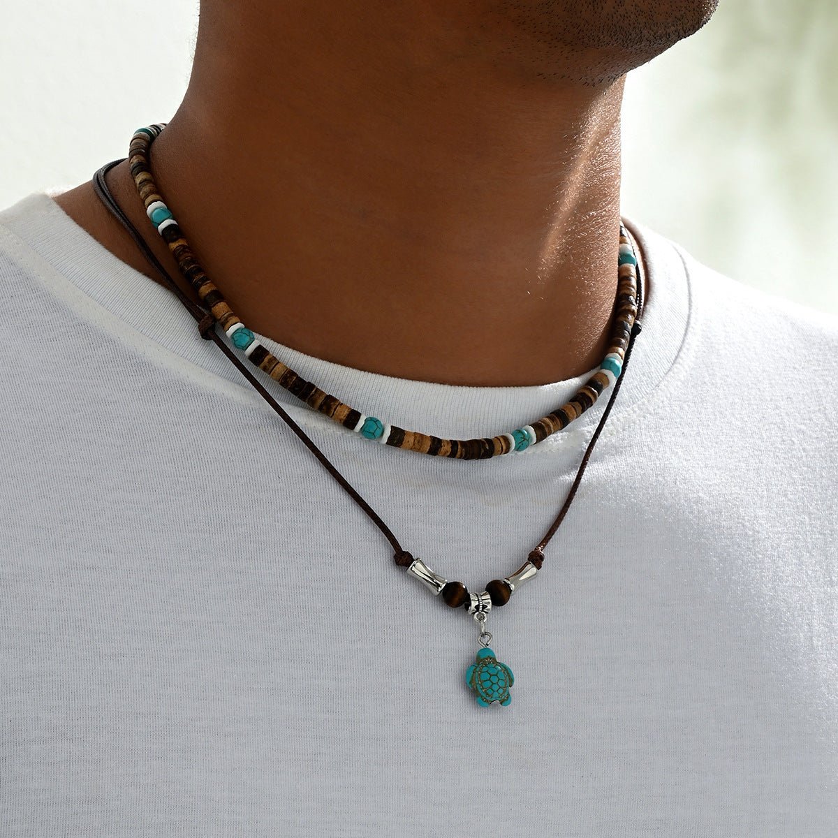 Coconut Shell & Turquoise Leather Necklace - Trendy Radar