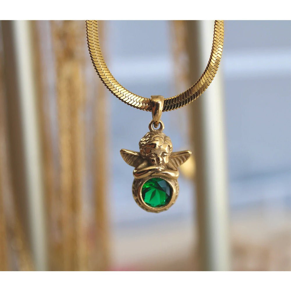 Coloured Gem Retention Guardian Angel Pendant Necklace - Trendy Radar