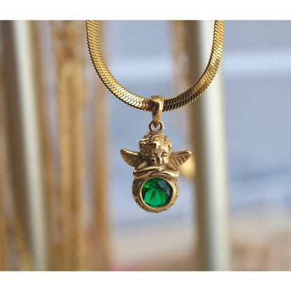Coloured Gem Retention Guardian Angel Pendant Necklace - Trendy Radar