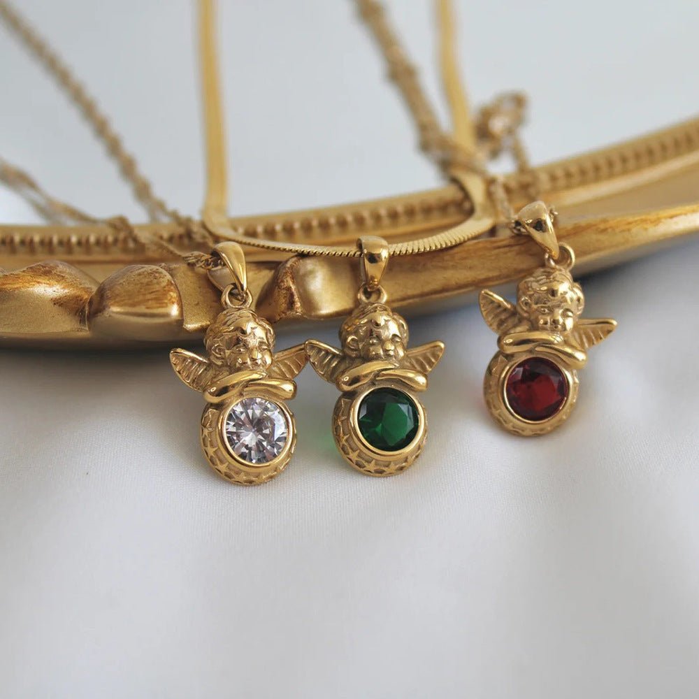 Coloured Gem Retention Guardian Angel Pendant Necklace - Trendy Radar